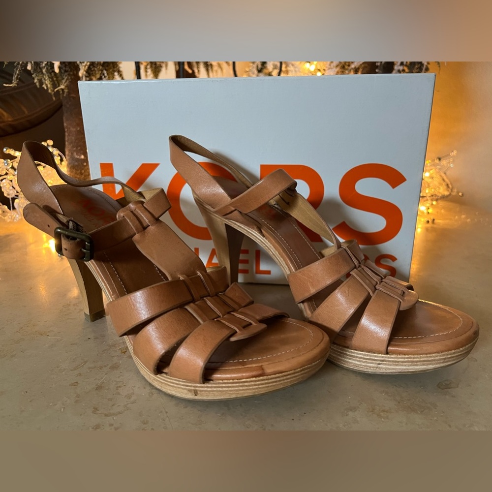 Michael KORS tan vacchetta wooden heels 7.5